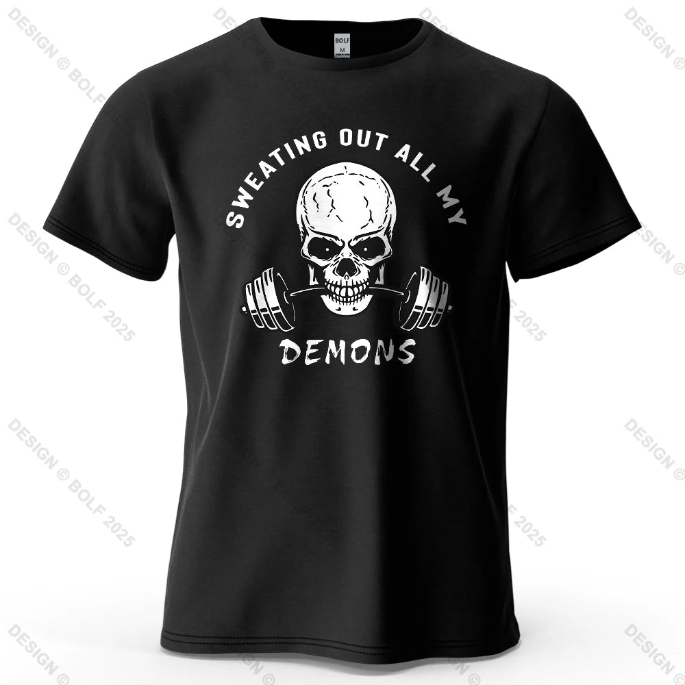 Fitness Skull Motivated Printed Men's T-Shirt 100% Cotton Oversized Gym Graphic Tees for Women Tops Tees Casual Streetwear