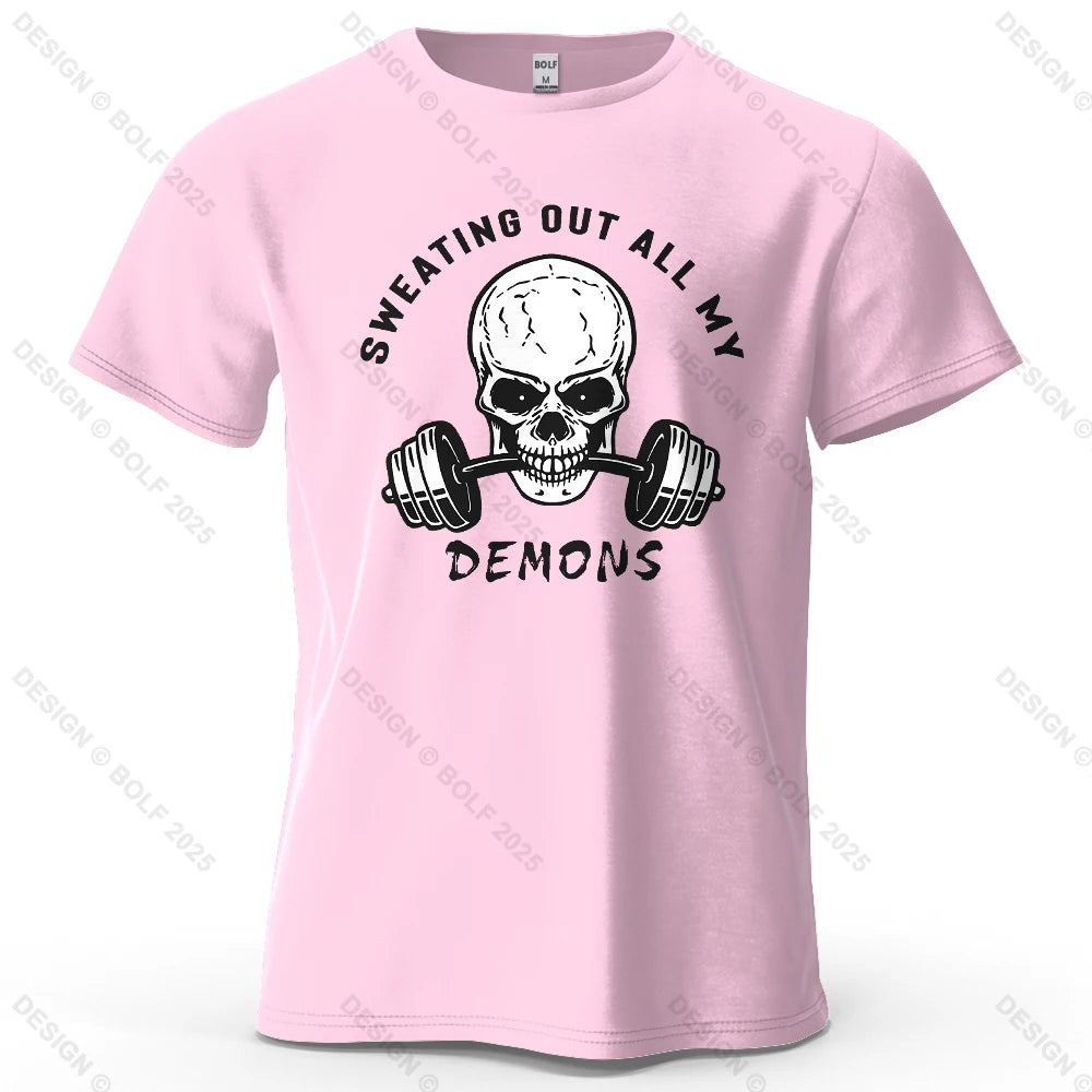 Fitness Skull Motivated Printed Men's T-Shirt 100% Cotton Oversized Gym Graphic Tees for Women Tops Tees Casual Streetwear