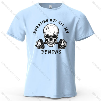 Fitness Skull Motivated Printed Men's T-Shirt 100% Cotton Oversized Gym Graphic Tees for Women Tops Tees Casual Streetwear