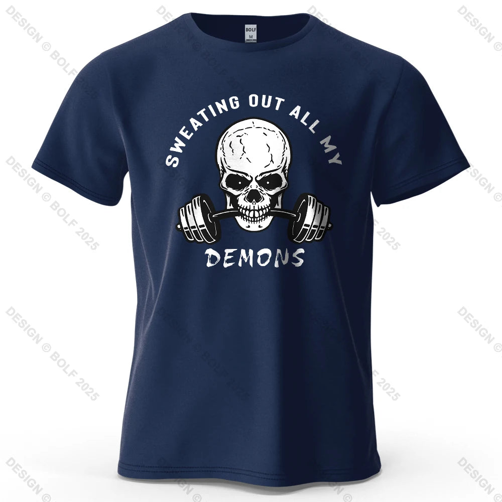 Fitness Skull Motivated Printed Men's T-Shirt 100% Cotton Oversized Gym Graphic Tees for Women Tops Tees Casual Streetwear