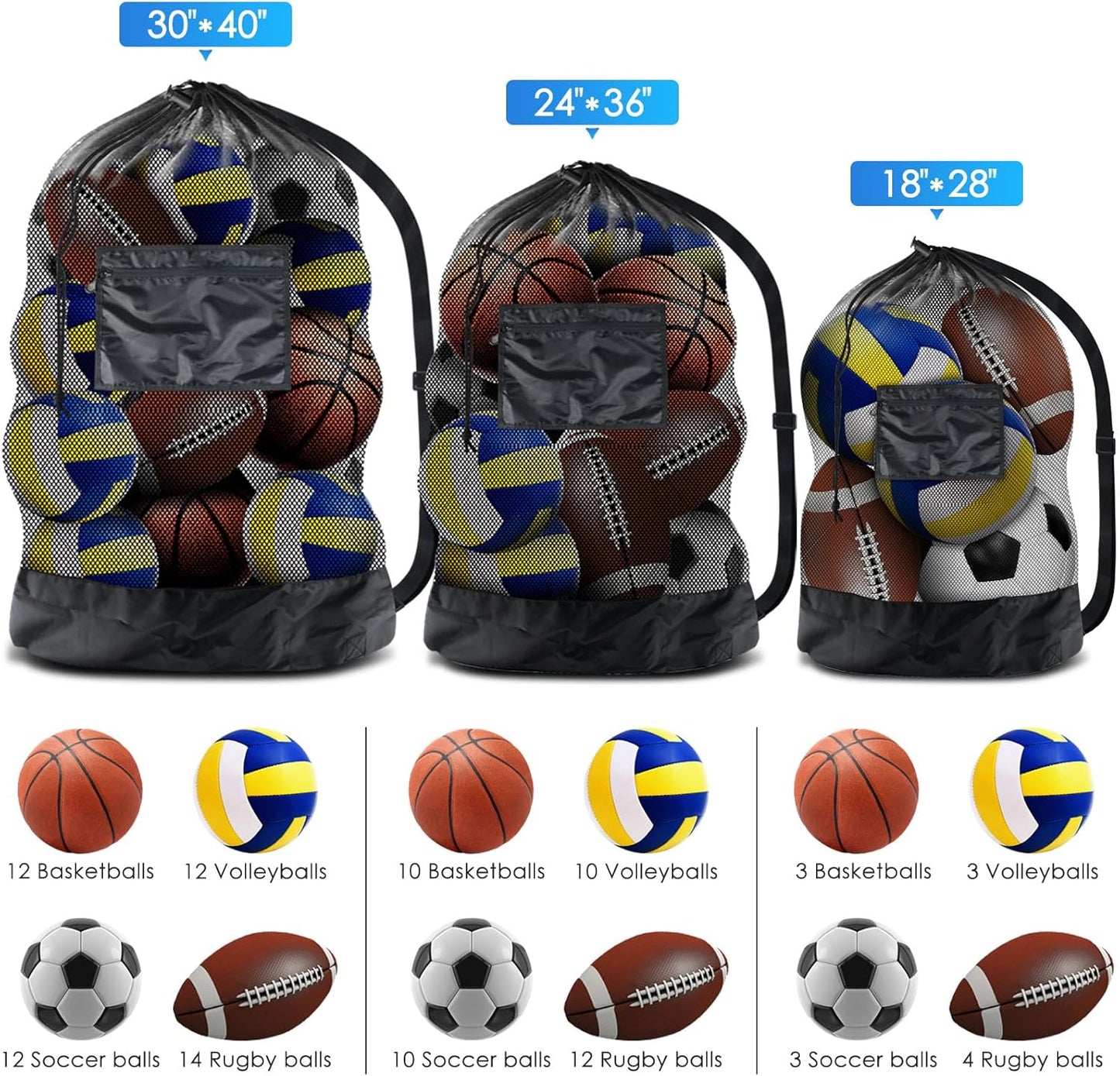 Thickened Extra Large Sports Ball Bag Mesh Socce Ball Bag Heavy Duty Drawstring Bags Team Work for Holding Basketball, Volleyball, Baseball, Swimming Gear with Shoulder Strap